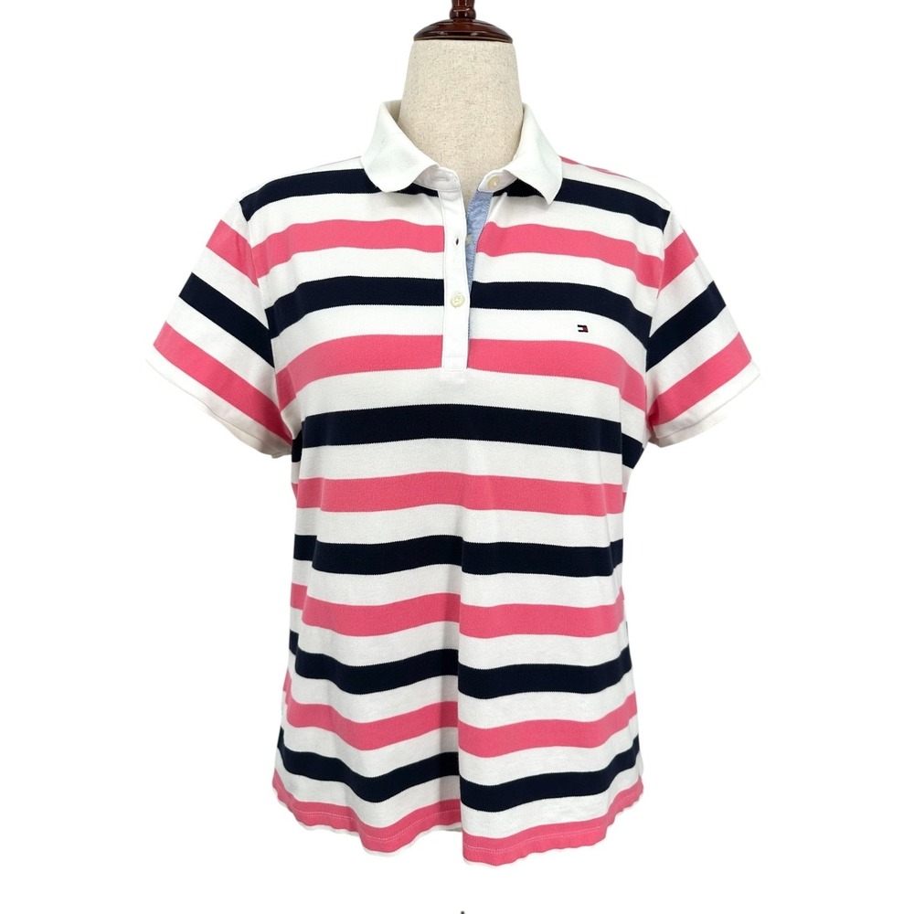 Tommy Hilfiger Pink & Navy Striped Short Sleeve Polo Shirt Women's Size XXL